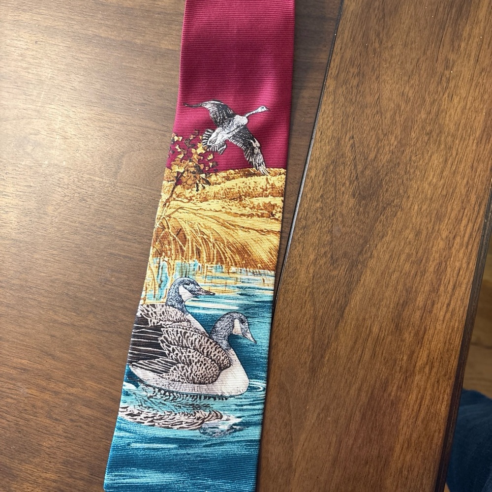 Field & Stream Duck Scene Silk Tie in Burgundy, Teal, Gold